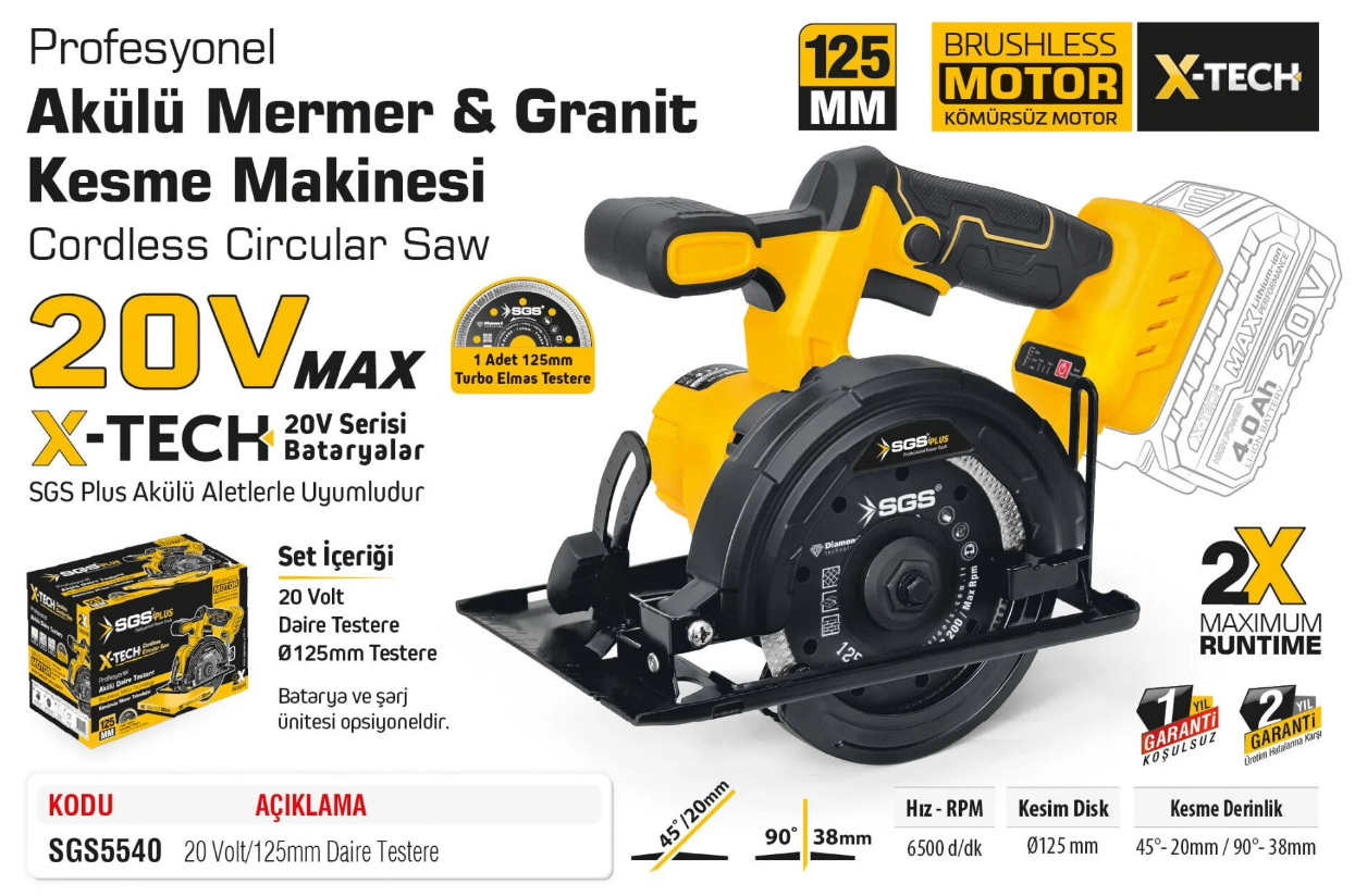 SGS5540 AKÜLÜ GRANİT VE MERMER KESME MAKİNESİ SETİ 125 MM